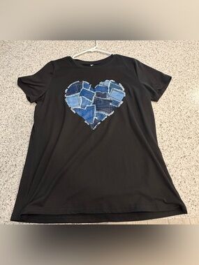 Black Tee with Patchwork Denim Heart